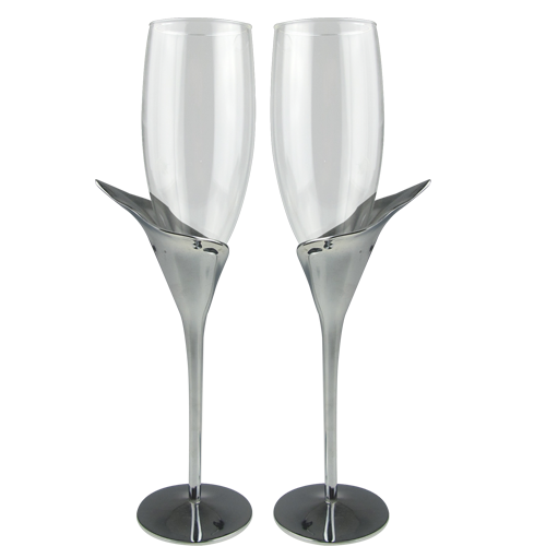 Silver Plated Champagne Glasses with Lily Shaped Stem