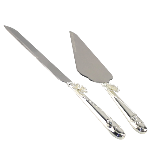 Metal Flower Decorated Silver Handle Wedding Cake Knife Set